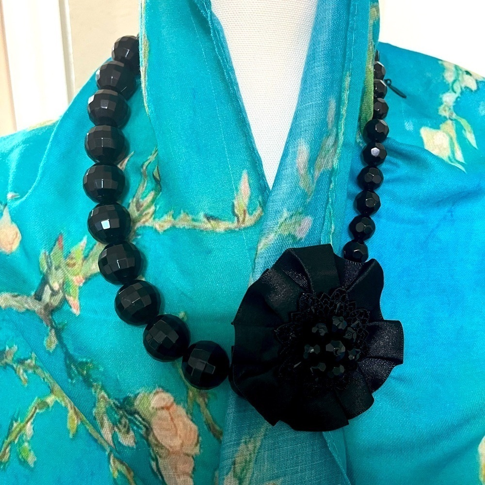 Alfani Black Beaded Necklace with Black Satin Flower Embellishment